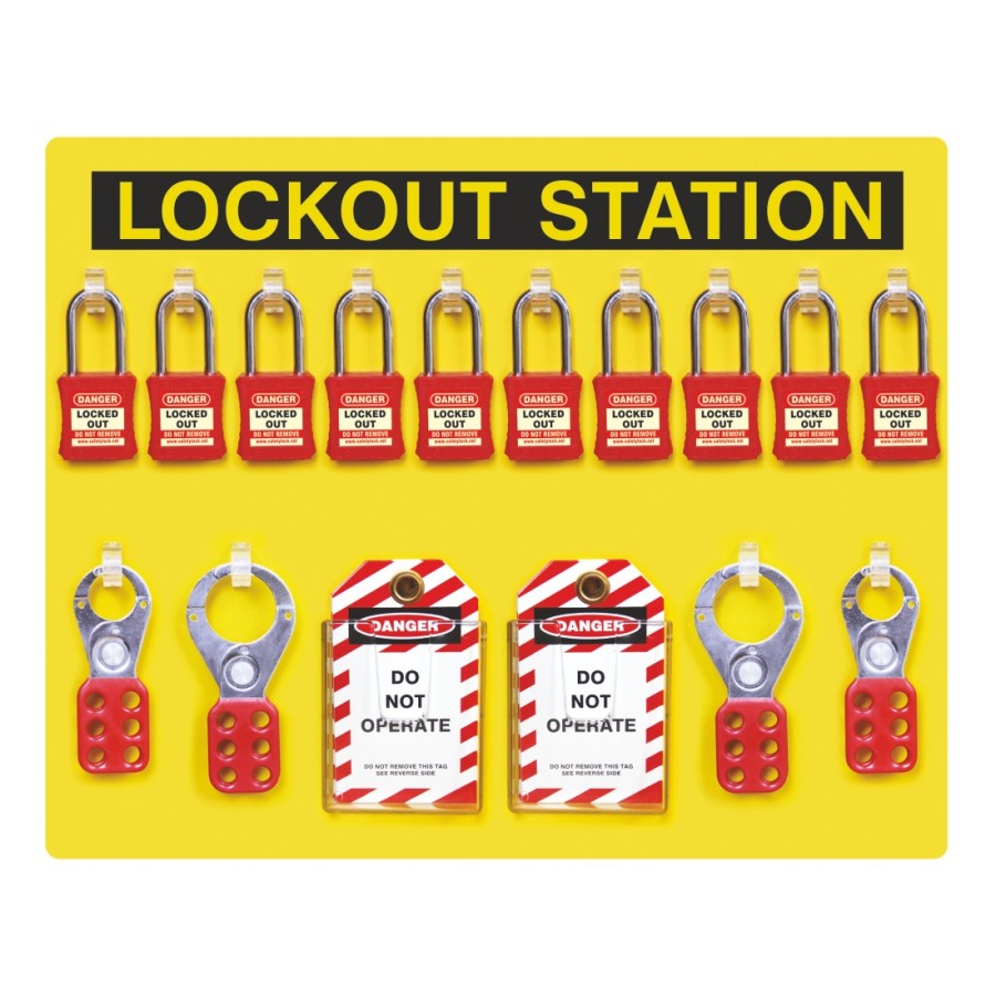 Open Lockout Station Front View for 10 Locks – With Goods